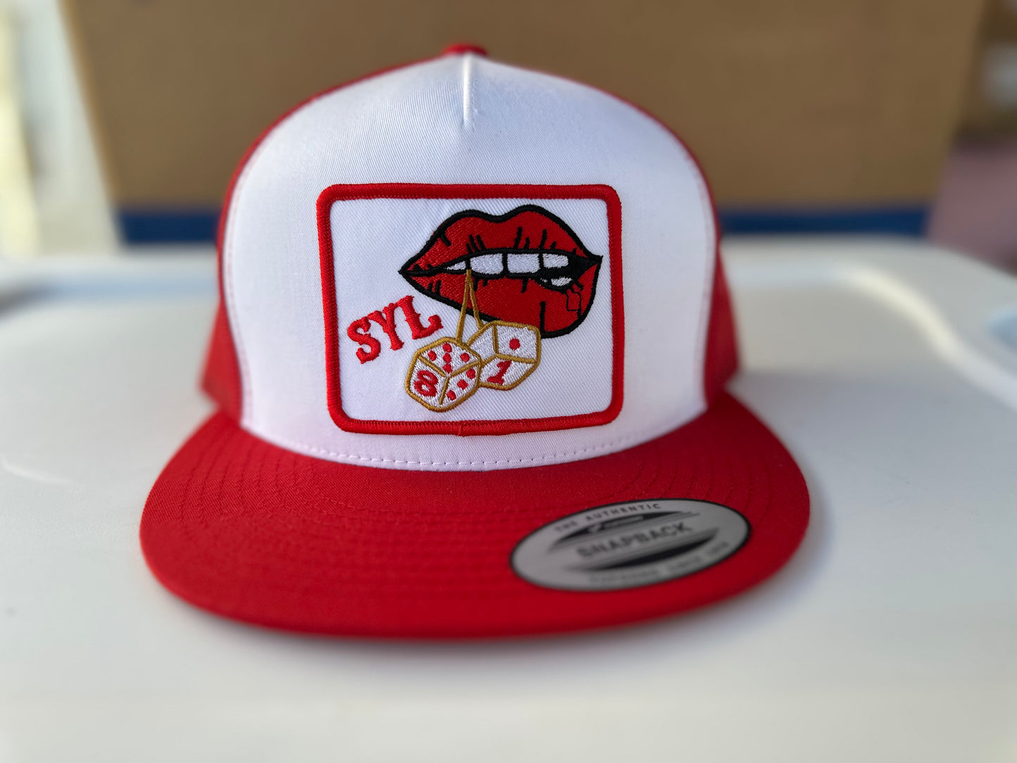 81 Lips and Dice Patch Snapback Hat Red/White
