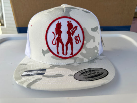 SYL 81 Devil/Angel Patch Snapback Hat White Digital Camo